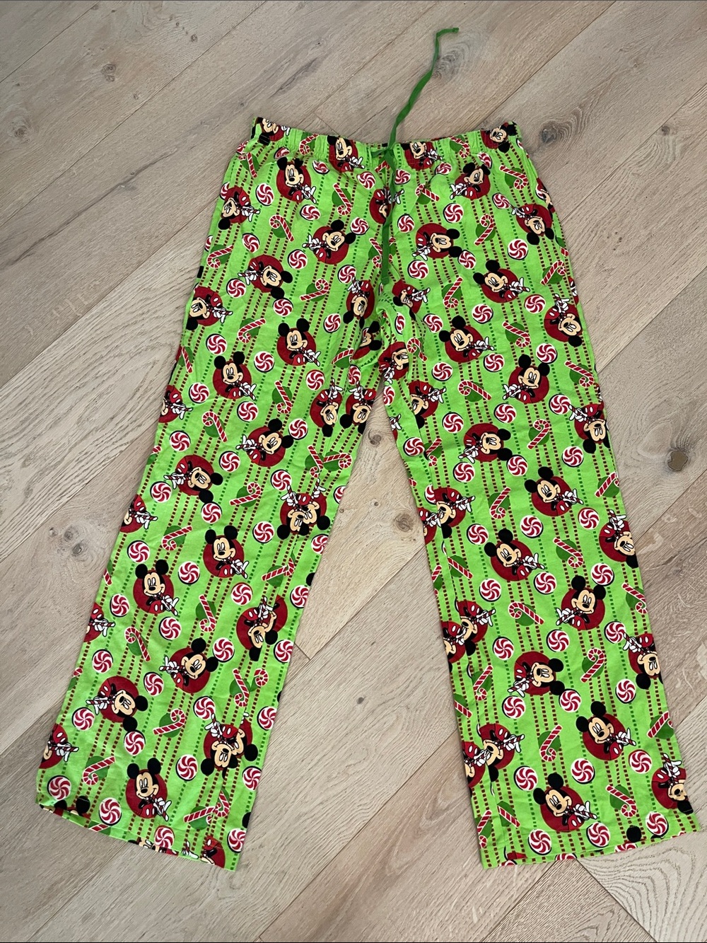Disney Light Green Mickey Mouse Candy Cane Flannel Pajama Pants Size Medium